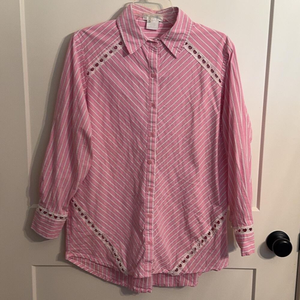 LIFE Tunic Shirt Sz L Pink Stripe Crochet Trim Long Sleeve Boho Top Retro Y2K